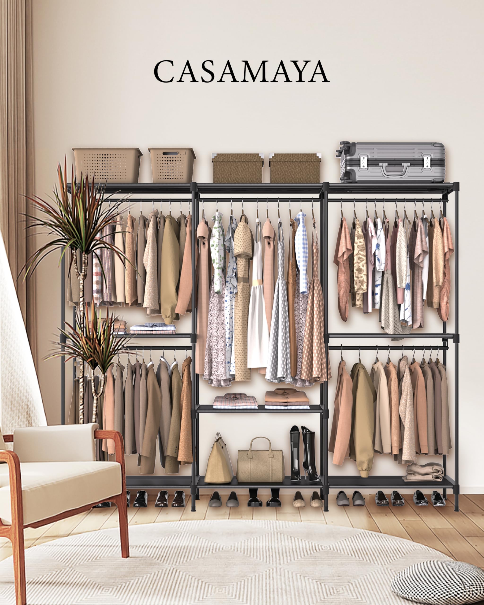 CASAMAYA Clothes Rack, Portable Closet, 80.7 Inch Extra Large Capacity Wardrobe Closet, Clothes Storage Organizer with Shelves and 5 Hanging Rods, Easy to Assembly, Black PCT036B01