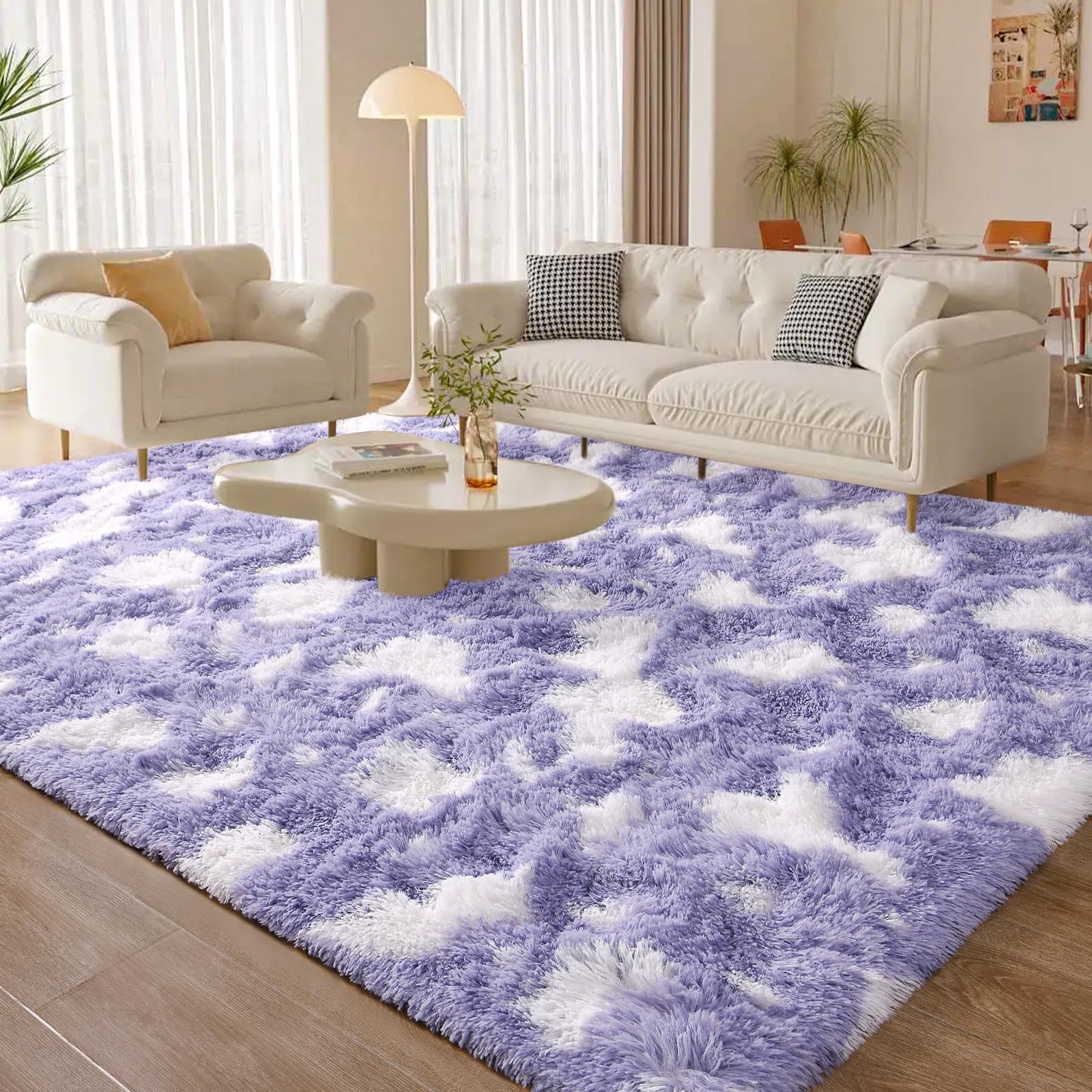 Litopyo Fluffy Bedroom Rug Carpet, 6x9 Ft Shaggy Area Rugs for Living Room, Kids Girls Room Rug, Non-Slip Indoor Plush Rug for Baby Boys Cute Nursery Rug Home Decor, Purple and White Rug