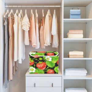 DIGTIA Storage Bins with Lids Strawberry White Flowers Foldable Storage Boxes with Handles Fruits Green Leaves Large Storage Basket Collapsible Organizer Containers for Closet Home Bedroom Office