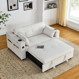 Convertible Pull Out Sleeper Sofa Bed Double Seat Recliner Futon Couch with Cupholders Armrests and Side Pockets, Adjustable Loveseat Chaise Lounge with USB Power Outlet and Lumbar Pillow for Office