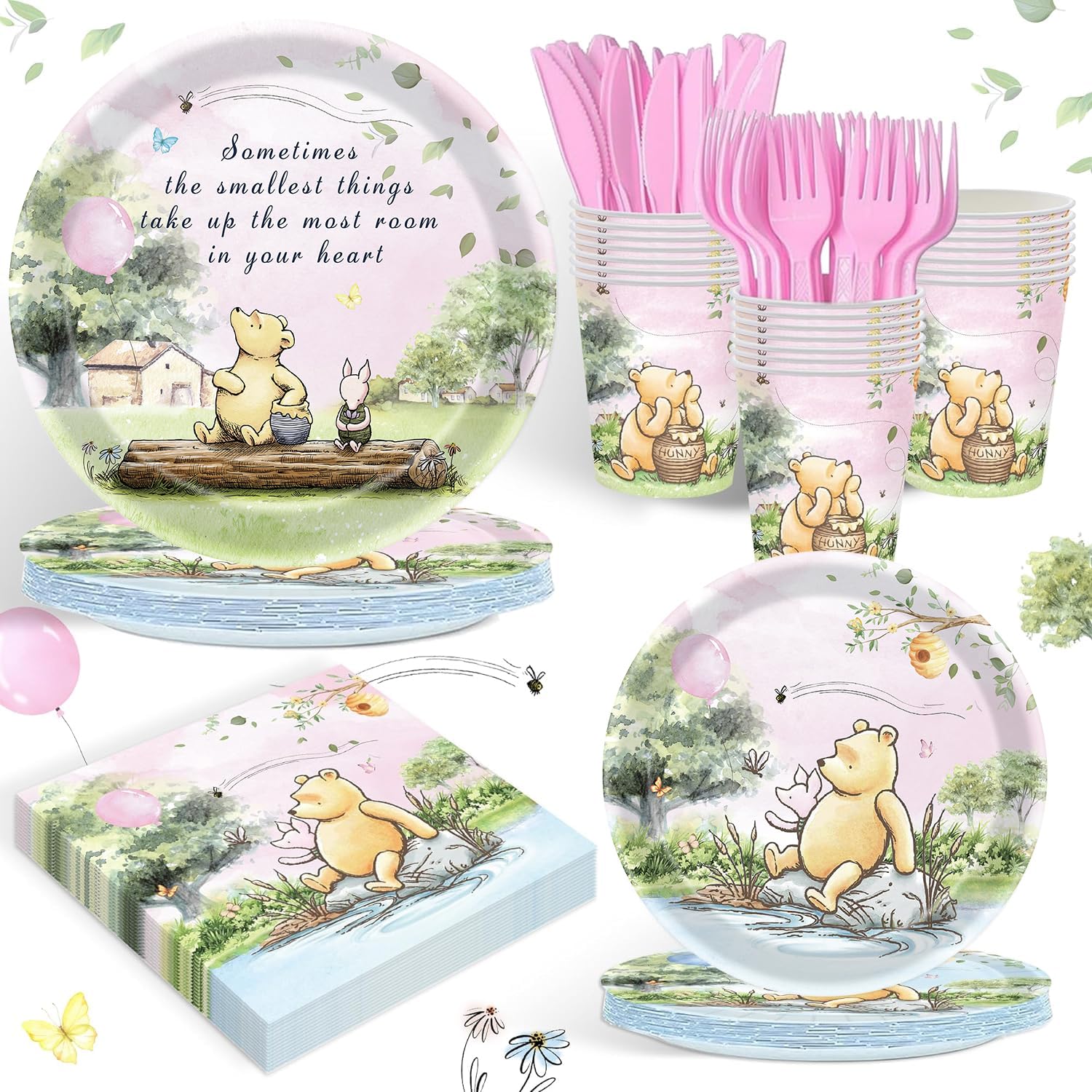 Pink Winnie Baby Shower Party Supplies Classic Bear 1st Party Decorations for Kids Girls Birthday Neutral the Pooh Themed Plates Napkin Cups Disposable Tableware Set Serves 20 Guests