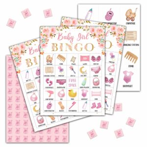 baby shower bingo games, baby bingo for baby shower, blush pink floral baby bingo game, gender reveal games, baby shower decorations favors, 24 players bingo games cards (c04)