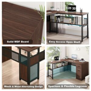 LVB L Shaped Desk with Drawers, Reversible L Shape Computer Desk with Storage Cabinets for Home Office, Large Wood Metal Executive Corner Writing Desk Table for Work Study Gaming, Walnut, 59 Inch