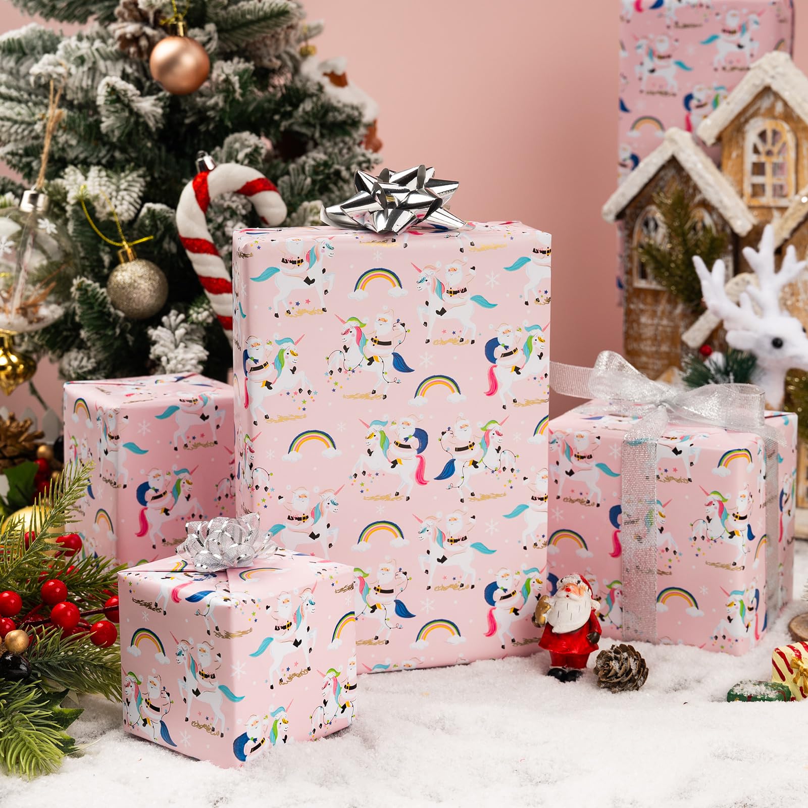 MAYPLUSS Christmas Wrapping Paper Roll - 17 Inch X 33 Feet - Fairytale Christmas Baby Pink Unicorn, Snow, Santa Claus, Rainbow Design Girl Holiday Winter Gift Wrap for Baby Shower, Party & Wedding