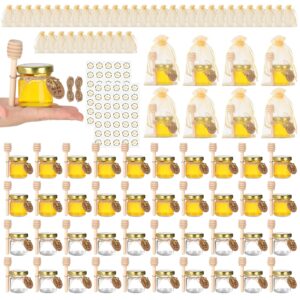 alotpower 1.5oz mini honey jars with dipper 48pack,45ml round mini glass jars with lids/wooden dippers/bee pendants/gift bags/tags/twine string,small honey jars for wedding,party favor(gold lids)