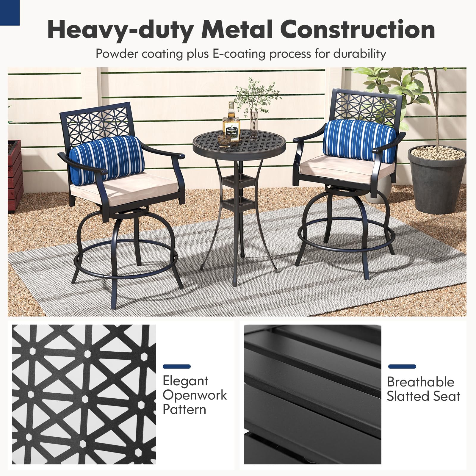 COSTWAY Outdoor Bar Chair Set of 4, 24.5 Inch Swivel Counter Height Bar Stools with Footrest, Seat Cushions & Lumbar Pillows, Metal Dining Bar Chairs for Patio, Backyard, Poolside (4)