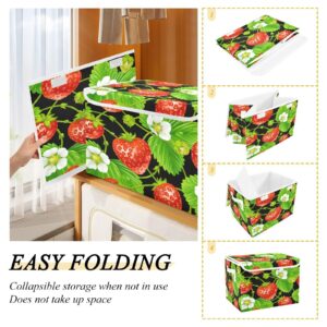 DIGTIA Storage Bins with Lids Strawberry White Flowers Foldable Storage Boxes with Handles Fruits Green Leaves Large Storage Basket Collapsible Organizer Containers for Closet Home Bedroom Office