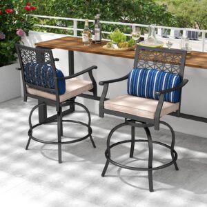 COSTWAY Outdoor Bar Chair Set of 4, 24.5 Inch Swivel Counter Height Bar Stools with Footrest, Seat Cushions & Lumbar Pillows, Metal Dining Bar Chairs for Patio, Backyard, Poolside (4)