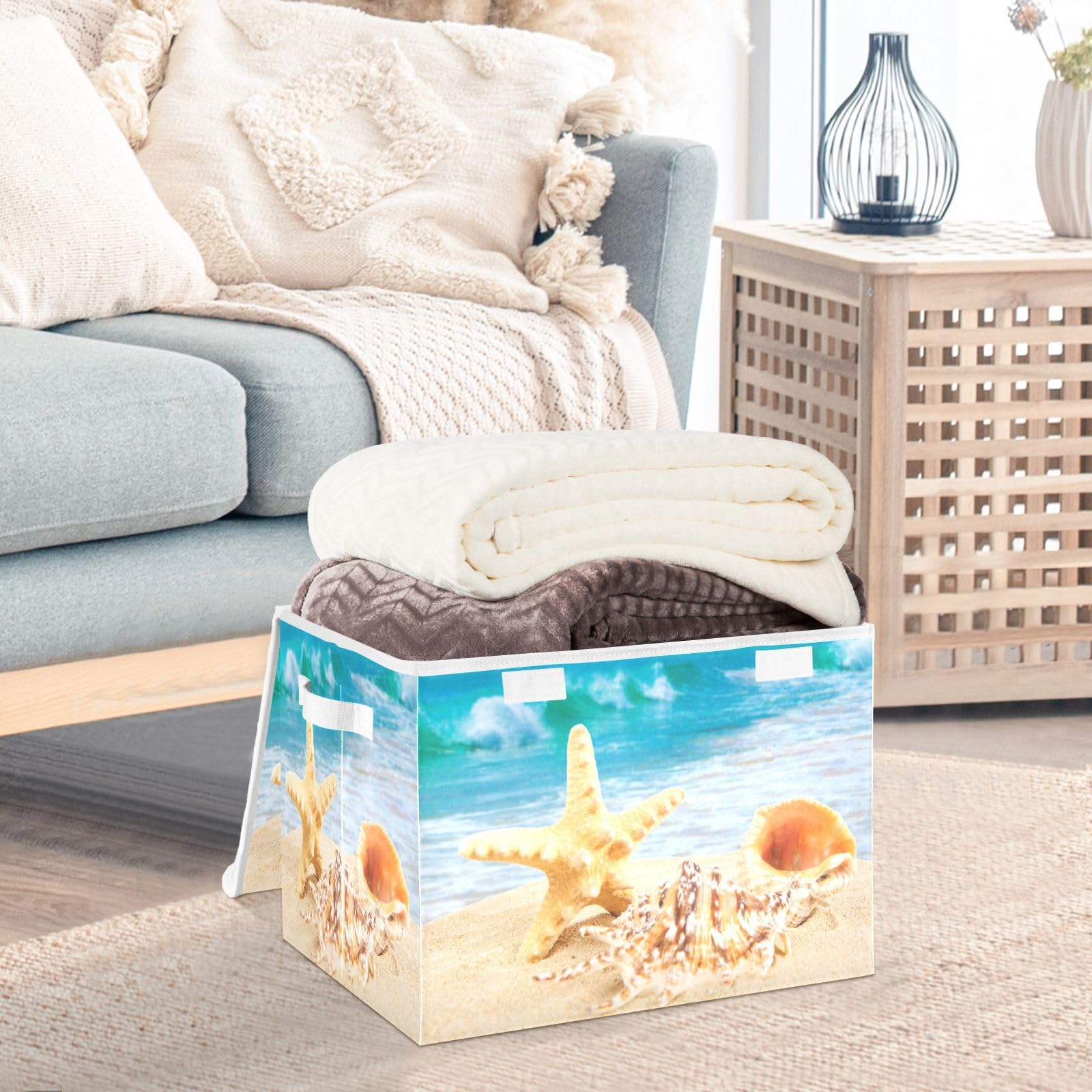 DIGTIA Storage Bins with Lids Shell Starfish Beach Foldable Storage Boxes with Handles Sea Wave Seaside Large Storage Basket Collapsible Organizer Containers for Closet Home Bedroom Office