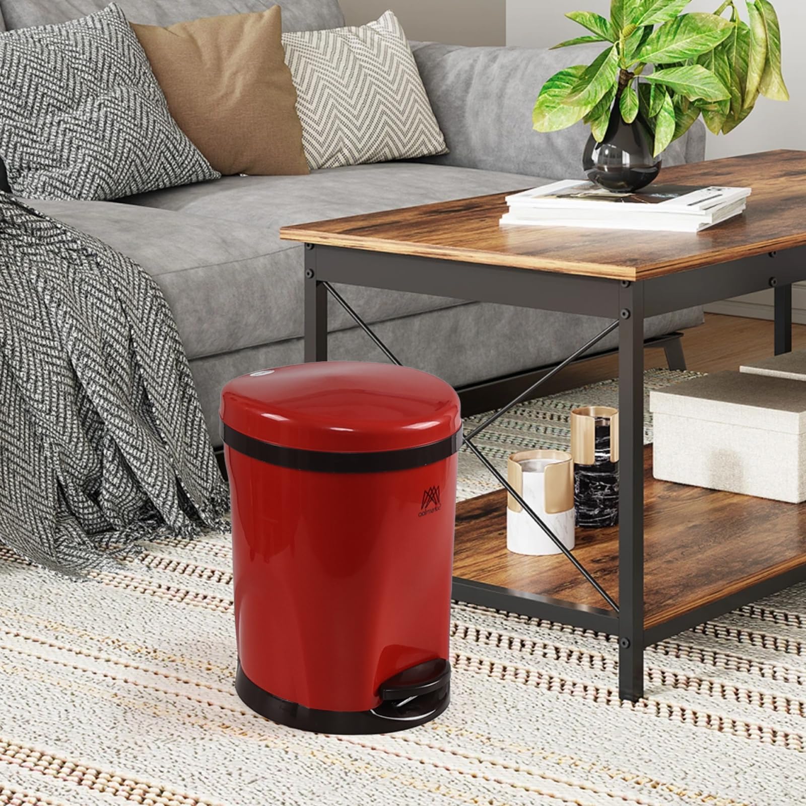 Bringer 1.8 Gallon Small Step On Wastebasket, Plastic Step Trash Can with Removable Inner Bucket, Red