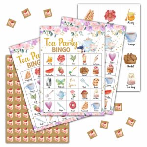 tea party bridal shower games, tea party bingo game, tea party decorations, tea party favors, 24 players bingo games for bridal shower, bachelorette party, wedding, engagement party (c07)