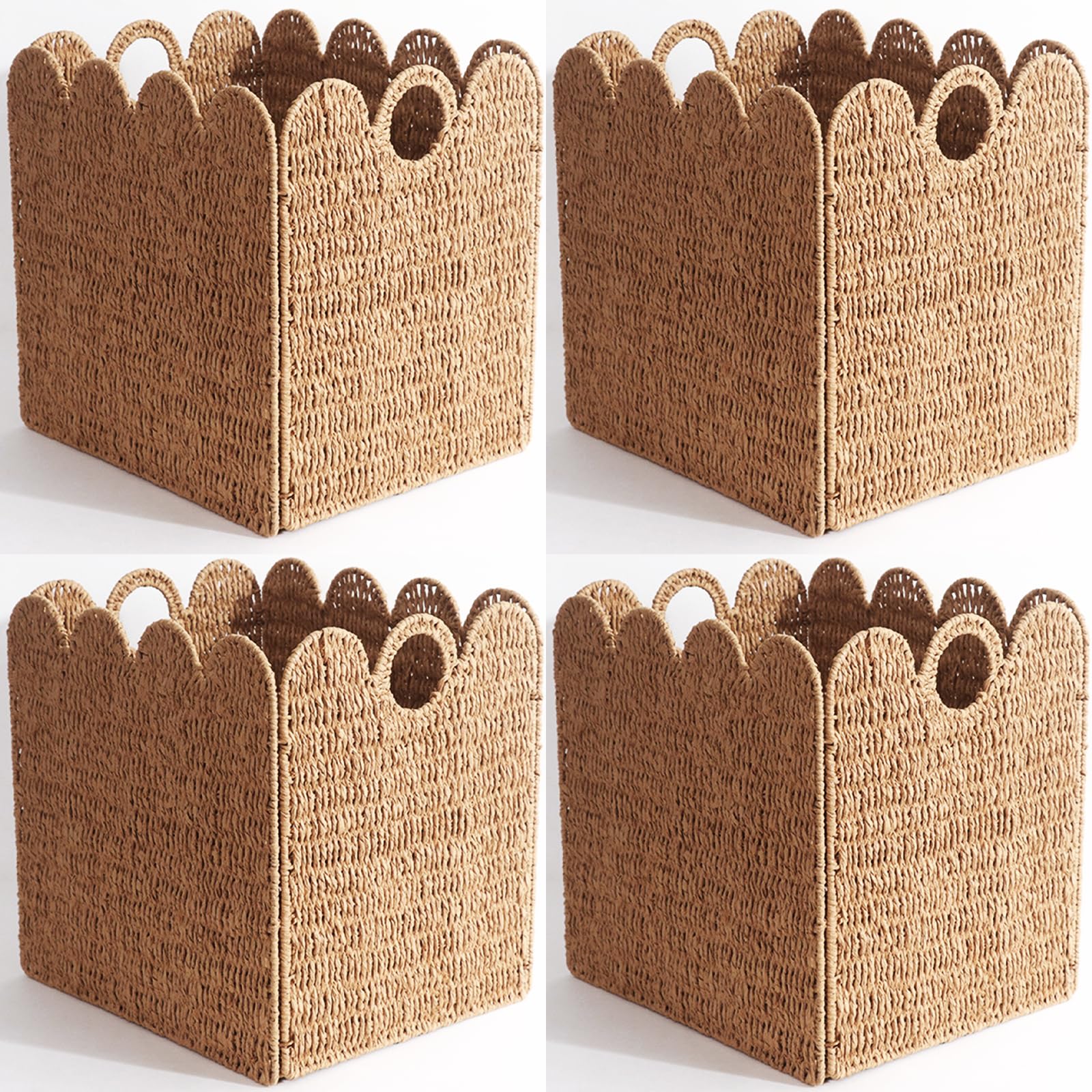 Scalloped Wicker Storage Cubes Basket, 12x12 Heavy Duty Hyacinth Baskets for Shelves, Foldable Natural Boho Square Bins (Renewable Paper Rope 4Pcs, 12x12in)