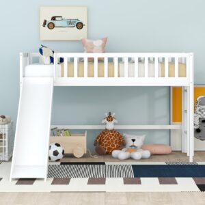 bellemave twin size low loft bed for kids,loft bed with slide and ladder,wood kids loft bed twin for girls boys(white)