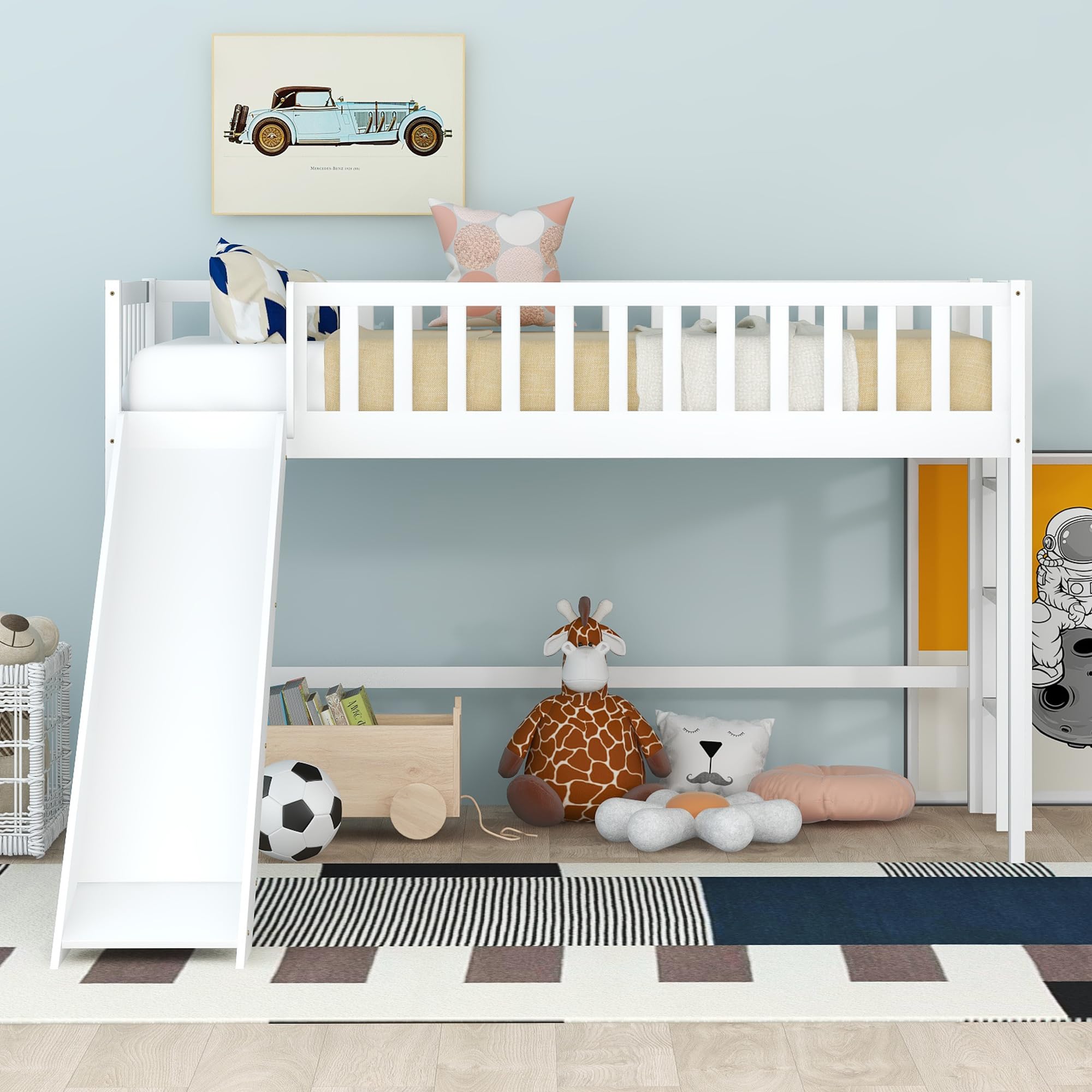 Bellemave Twin Size Low Loft Bed for Kids,Loft Bed with Slide and Ladder,Wood Kids Loft Bed Twin for Girls Boys(White)