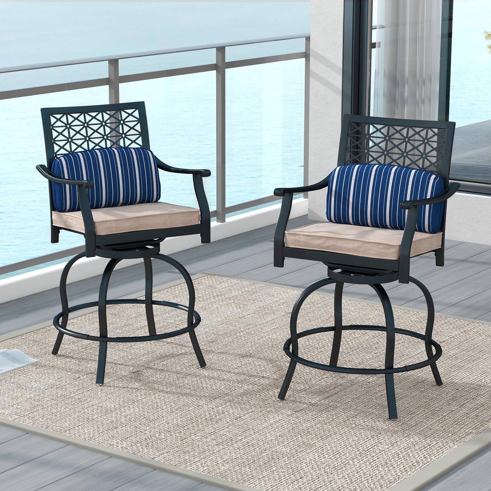 COSTWAY Outdoor Bar Chair Set of 4, 24.5 Inch Swivel Counter Height Bar Stools with Footrest, Seat Cushions & Lumbar Pillows, Metal Dining Bar Chairs for Patio, Backyard, Poolside (4)