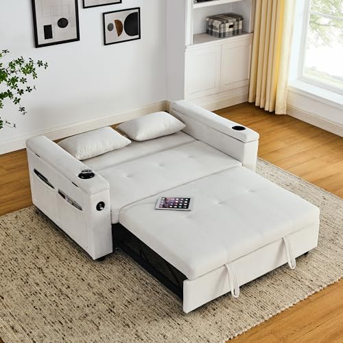 Convertible Pull Out Sleeper Sofa Bed Double Seat Recliner Futon Couch with Cupholders Armrests and Side Pockets, Adjustable Loveseat Chaise Lounge with USB Power Outlet and Lumbar Pillow for Office