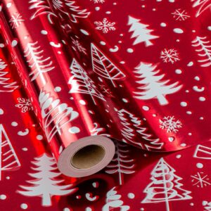 maypluss christmas red wrapping paper roll - 17 inch x 33 feet - luxury metallic shiny red christmas tree and snow foil roll winter holiday gift wrap sheet for party, diy crafts & festive decoration