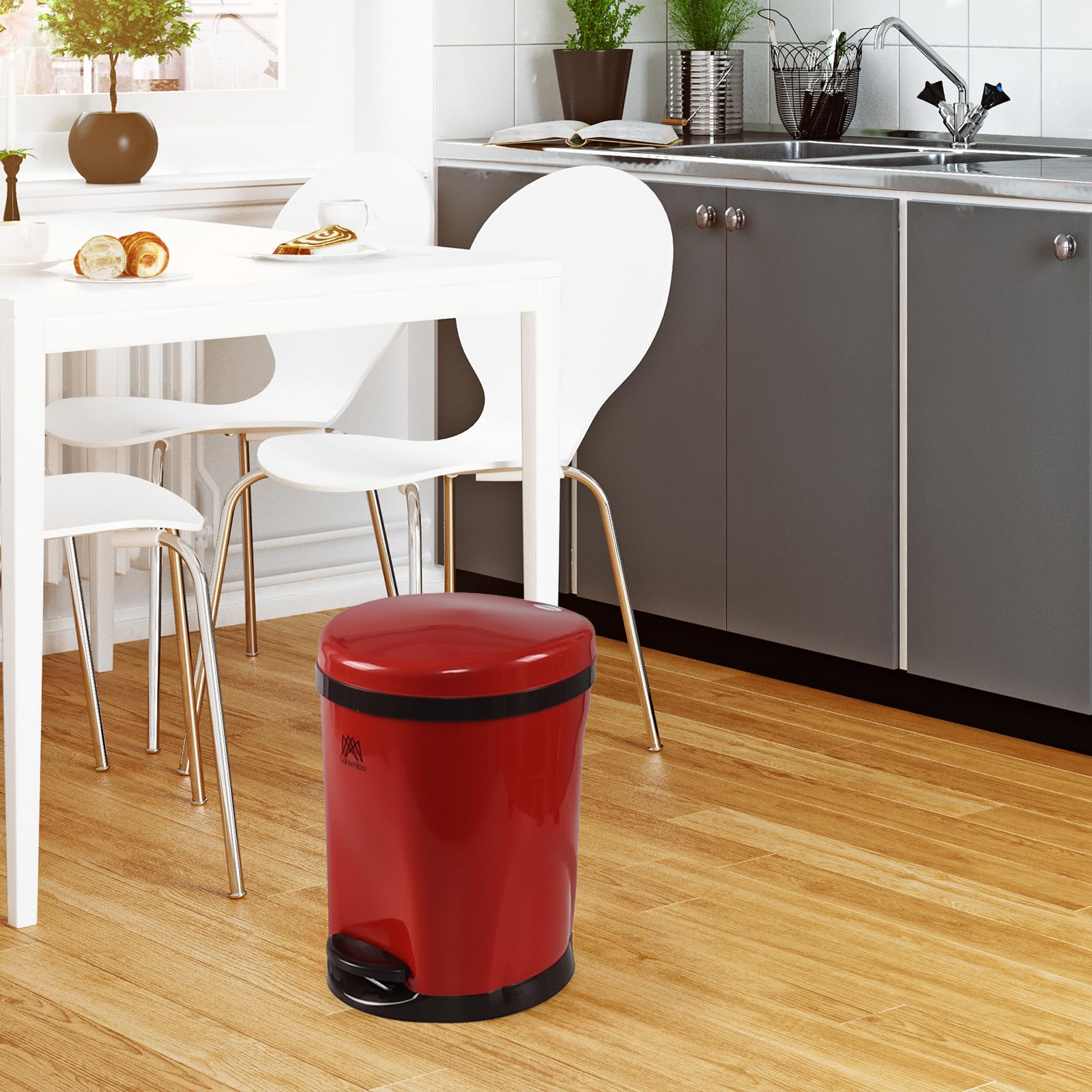 Bringer 1.8 Gallon Small Step On Wastebasket, Plastic Step Trash Can with Removable Inner Bucket, Red