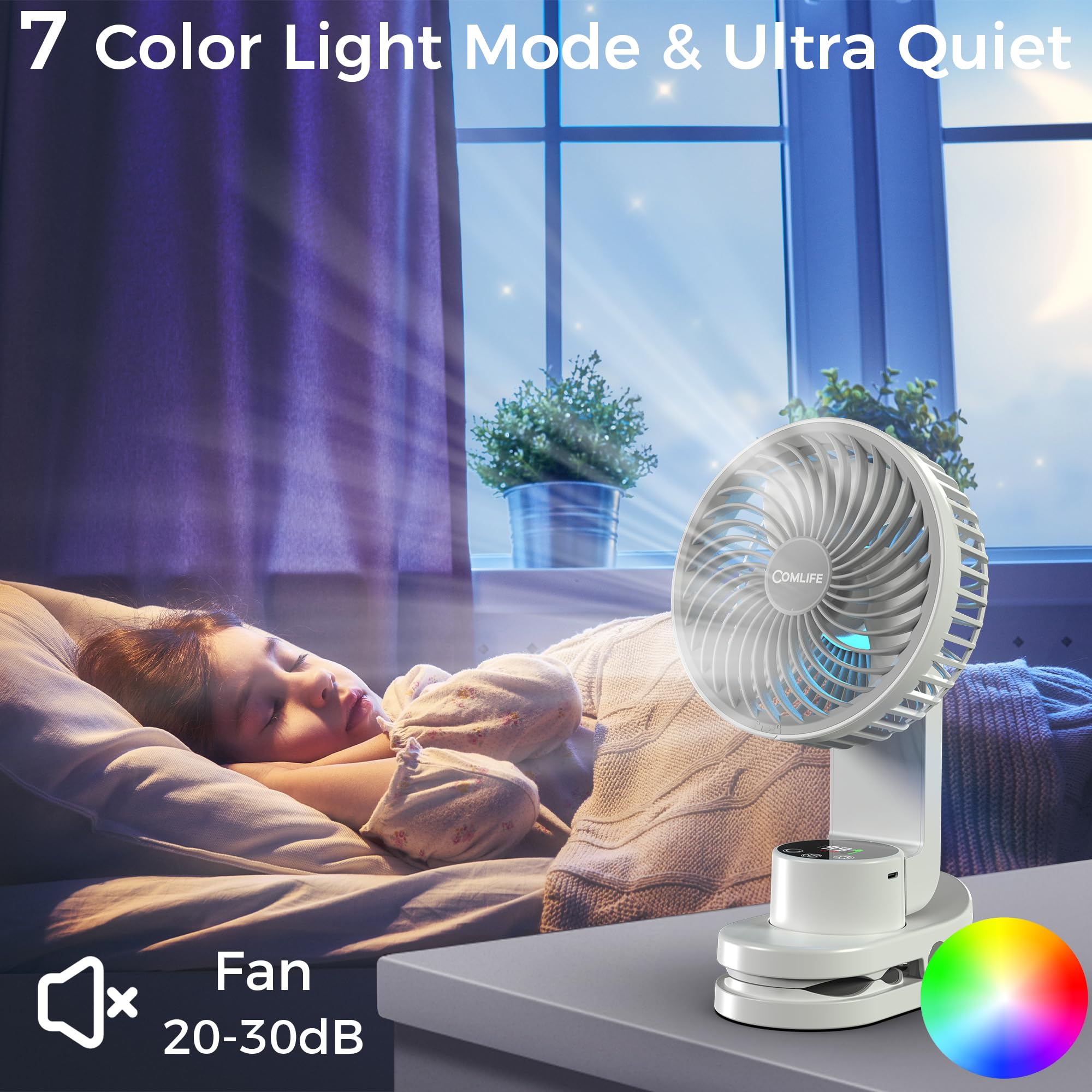 6" Clip On Fan, Rechargeable Battery Operated Fan, 9 Speed Powerful Desktop Fan with Light, Digital Display, Auto Oscillation Table Fan with Sturdy Clamp & Hooks for Home Office Outdoor Camping Travel