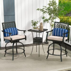 COSTWAY Outdoor Bar Chair Set of 4, 24.5 Inch Swivel Counter Height Bar Stools with Footrest, Seat Cushions & Lumbar Pillows, Metal Dining Bar Chairs for Patio, Backyard, Poolside (4)