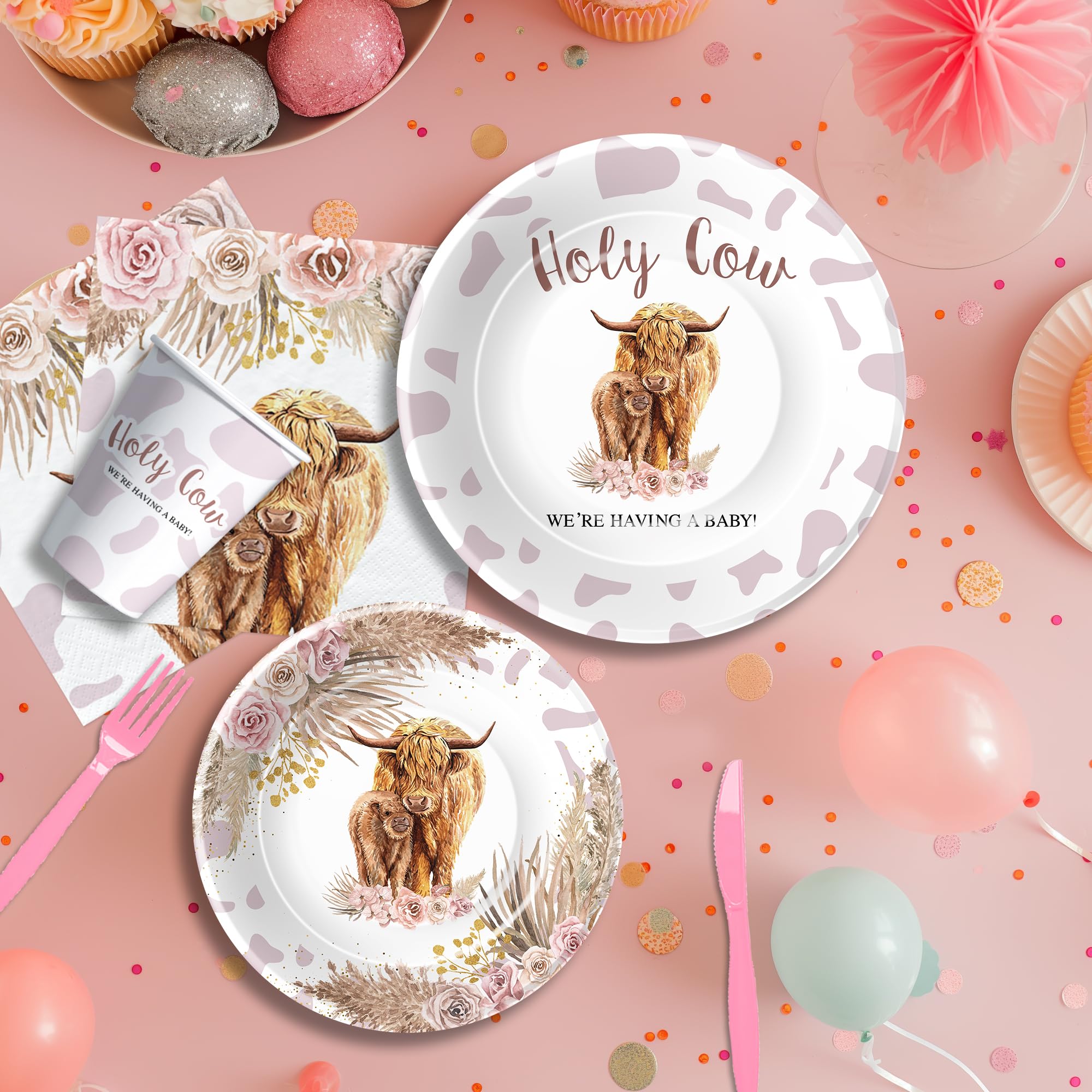 Xenorik Highland Cow Baby Shower Decorations Tableware - Holy Cow Baby Girl Party Supplies, Paper Plate, Cup, Napkin, Tablecloth, Cutlery, Boho Highland Cow Baby Shower Table Decorations | Serve 24