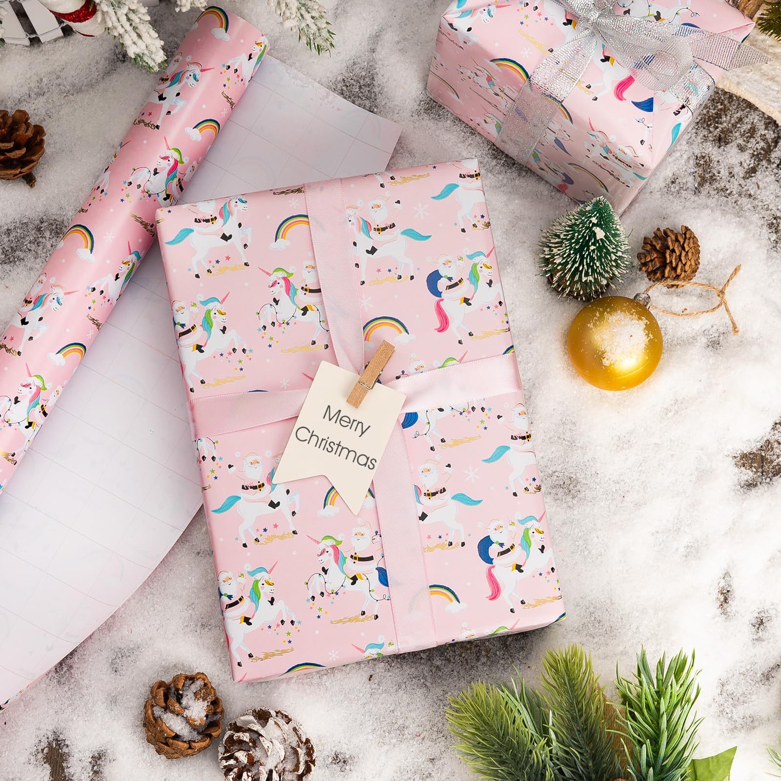 MAYPLUSS Christmas Wrapping Paper Roll - 17 Inch X 33 Feet - Fairytale Christmas Baby Pink Unicorn, Snow, Santa Claus, Rainbow Design Girl Holiday Winter Gift Wrap for Baby Shower, Party & Wedding