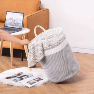 Laundry Basket,Woven Cotton Rope Laundry Hamper,58L Hamper for Kids for Blanket,Toys,Dirty Clothes in Living Room,Bathroom,Bedroom (Grey&White)