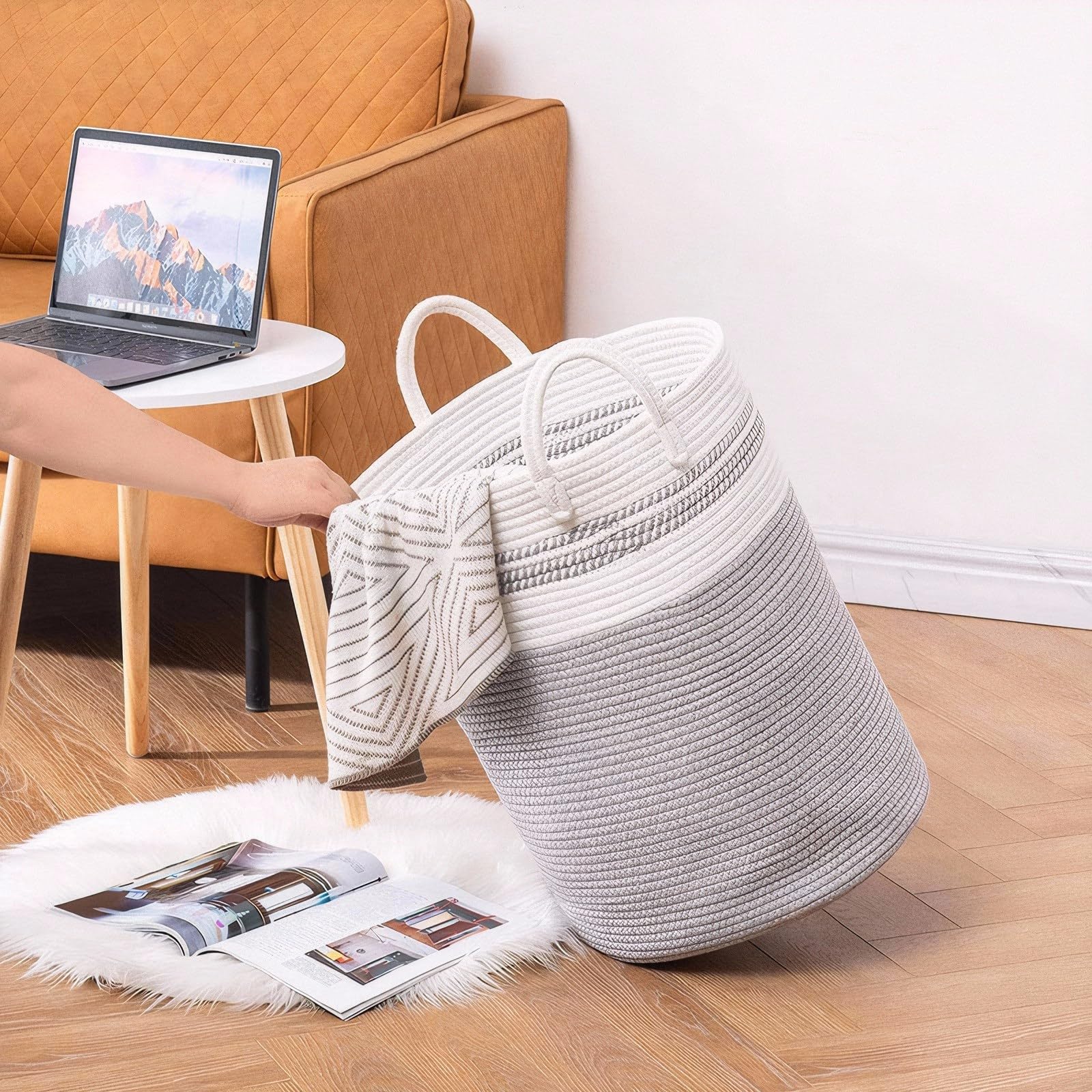 Laundry Basket,Woven Cotton Rope Laundry Hamper,58L Hamper for Kids for Blanket,Toys,Dirty Clothes in Living Room,Bathroom,Bedroom (Grey&White)