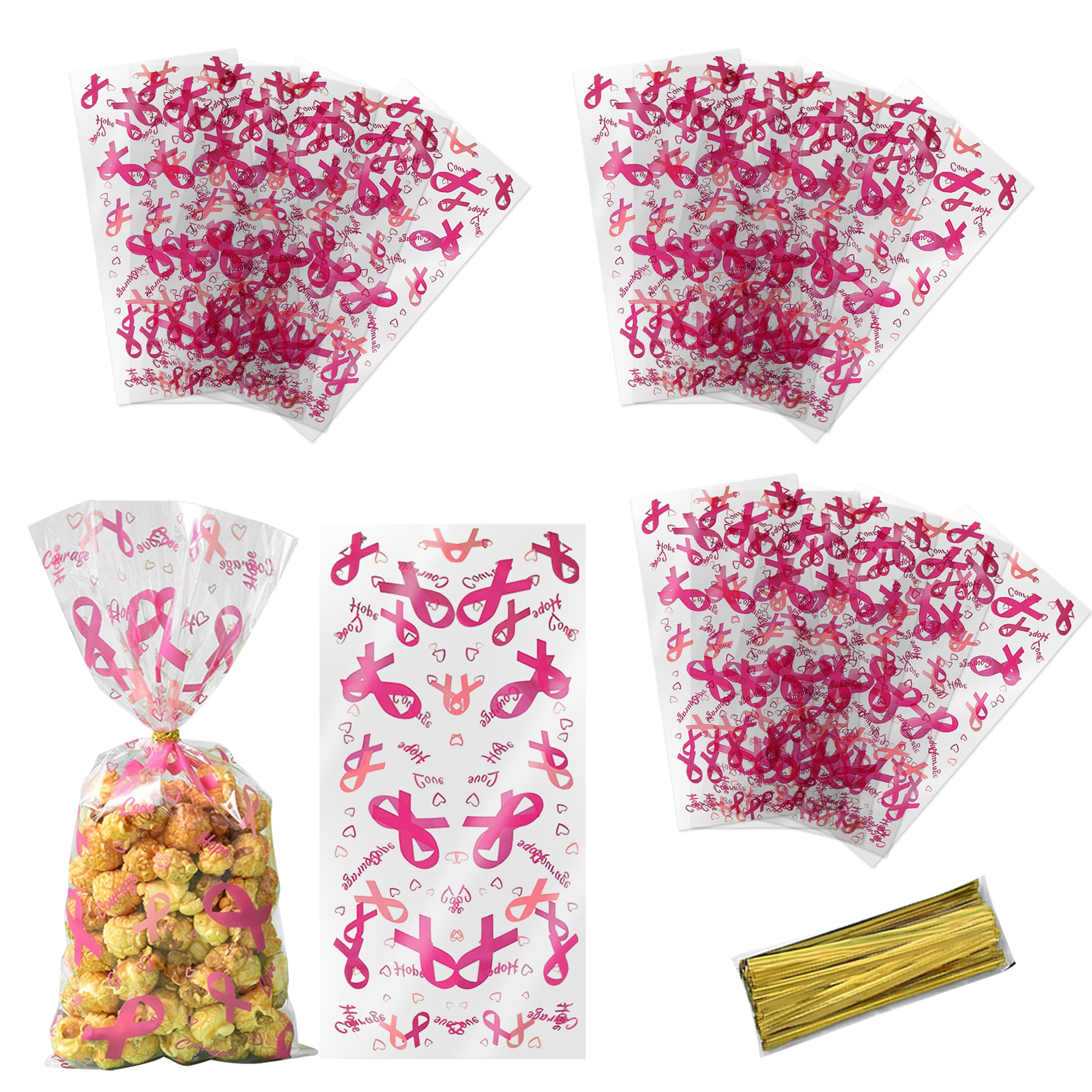 Ysqool 50 Breast Cancer Support Cellophane Treat Bags,Pink Ribbon Pattern Party Bags Clear Plastic Candy Goodie Gift Bags with Gold Twist Ties for Breast Cancer Awareness Party Supplies Gift Wrapping