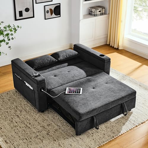 Convertible Pull Out Sleeper Sofa Bed Double Seat Recliner Futon Couch with Cupholders Armrests and Side Pockets, Adjustable Loveseat Chaise Lounge with USB Power Outlet and Lumbar Pillow for Office