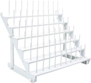 magnahoop thread rack with 60 spools, large thread stand with long pegs, bright white plastic thread holder for embroidery, thread storage and hair braiding