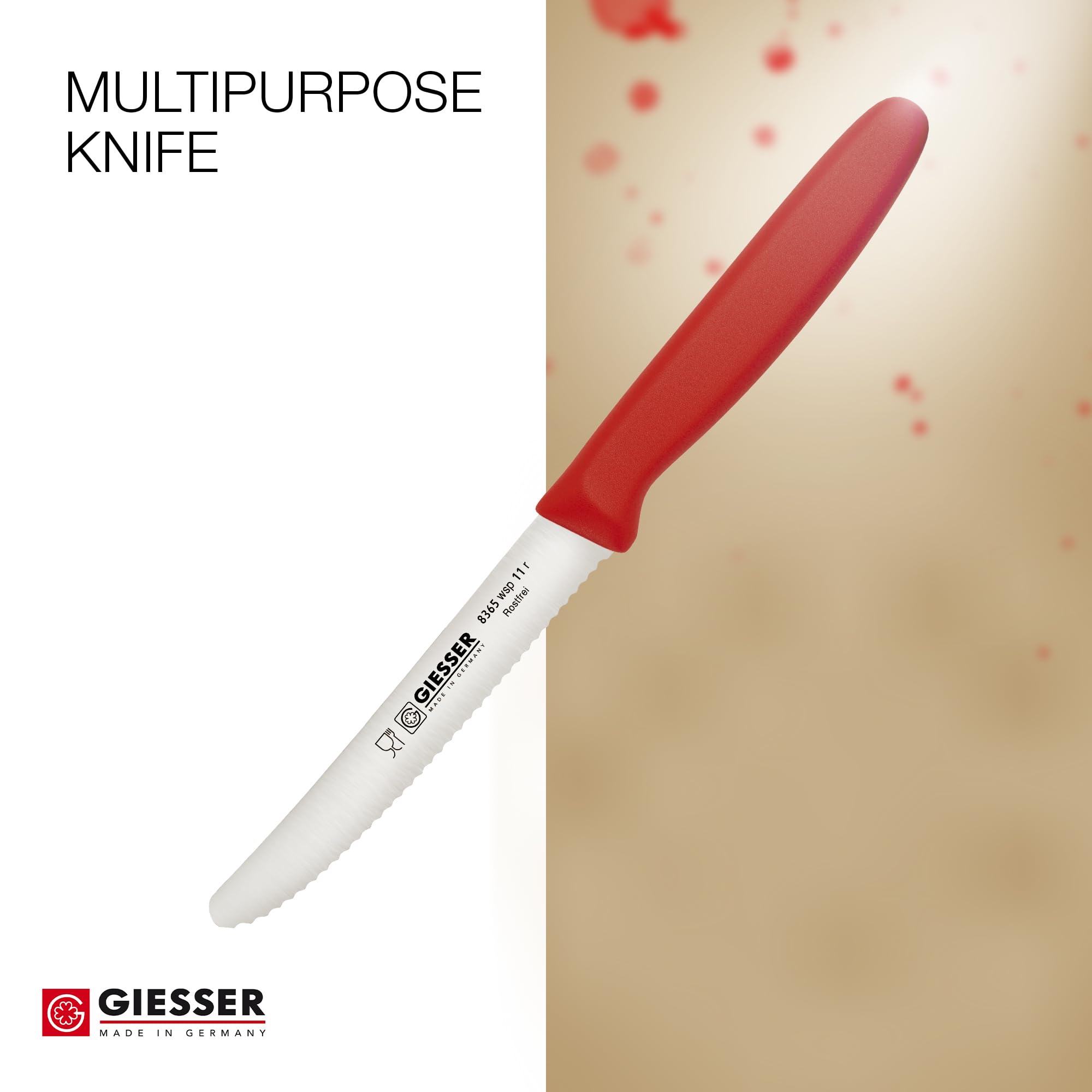 Giesser since 1776, Made in Germany, Red serrated Utility kitchen knives round tip dishwasher safe 4.5 inch - paring knife, Tomato knife, Steak knife, restaurant knife (Single)