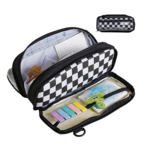 pzq ita pencil pouch large capacity checkered pencil case with zipper organizer transparent pencil bag (black)