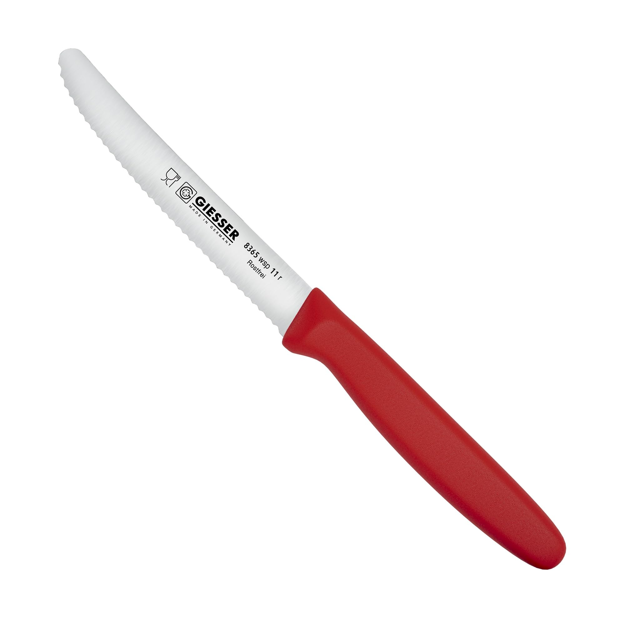 Giesser since 1776, Made in Germany, Red serrated Utility kitchen knives round tip dishwasher safe 4.5 inch - paring knife, Tomato knife, Steak knife, restaurant knife (Single)