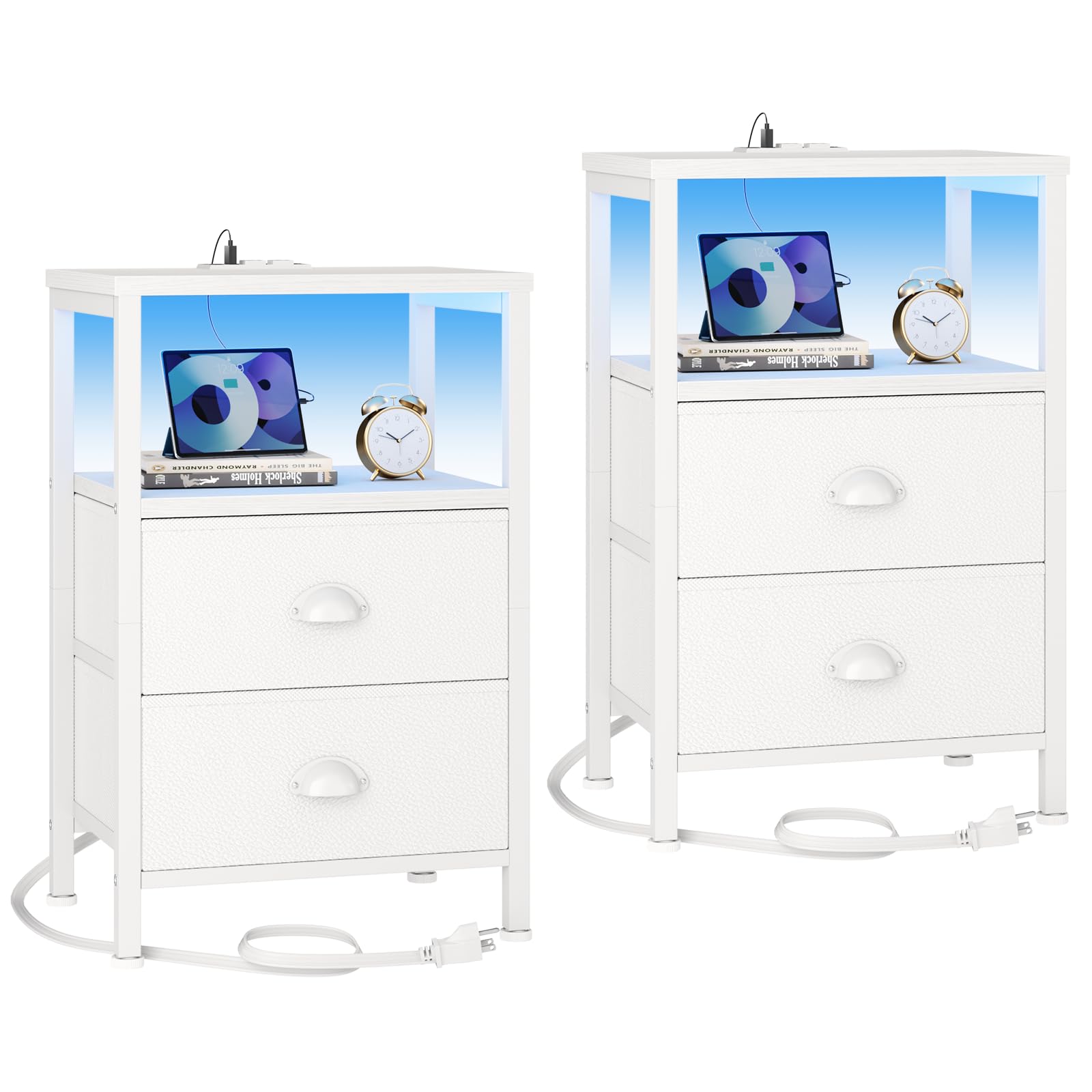 Furologee Nightstands Set of 2, End Tables Set of 2 with Charging Station and LED Lights, White Night Stands with 2 Fabric Drawers, Bedside Tables for Living Room/Bedroom