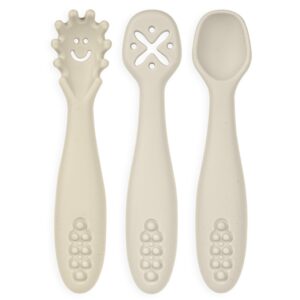 modern legacy home silicone toddler fork and spoon utensils, baby led weaning (blw) eating essentials, kids self feeding set (cream), ctl5038-17