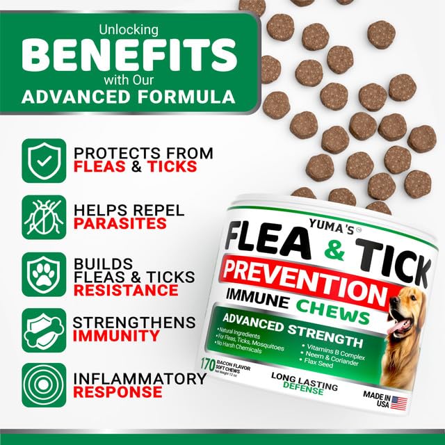 Flea and Tick Prevention for Dogs Chewables - 170 Chews - Natural Dog Flea and Tick Treatment Chewable - Flea and Tick Chews for Dogs - Soft Oral Flea Pills for Dogs - All Breeds & Ages - Bacon Flavor