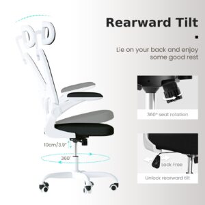 Ergonomic Office Chair, High Back Home Desk Chair with Adjustable Lumbar Support and Headrest, Breathable Mesh Swivel Task Chair, White Executive Computer Chair, Black and White