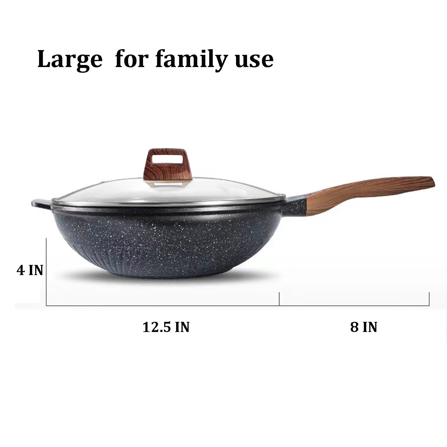 Feipone Non Stick Wok Pan with Lid, 12.5 In Granite Stir Fry Pan for Cooking, 32 cm 6 Q Wok with Induction Bottom for Glass, Ceramic, Gas Stove Top, PFOA Free (FP-W-A1)