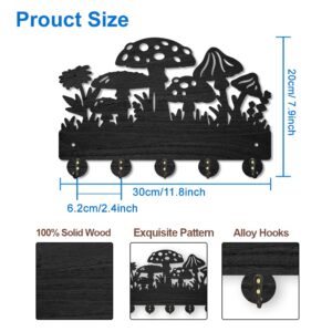 MAYJOYDIY Mushroom Wall Mounted Coat Rack Wildflower Meadow Wood Key Hooks for Wall 11.8×7.9inch Black Key Holder Hanger Wall Art Decor with 5 Alloy Hooks for Gift Hallway Entryway Kitchen