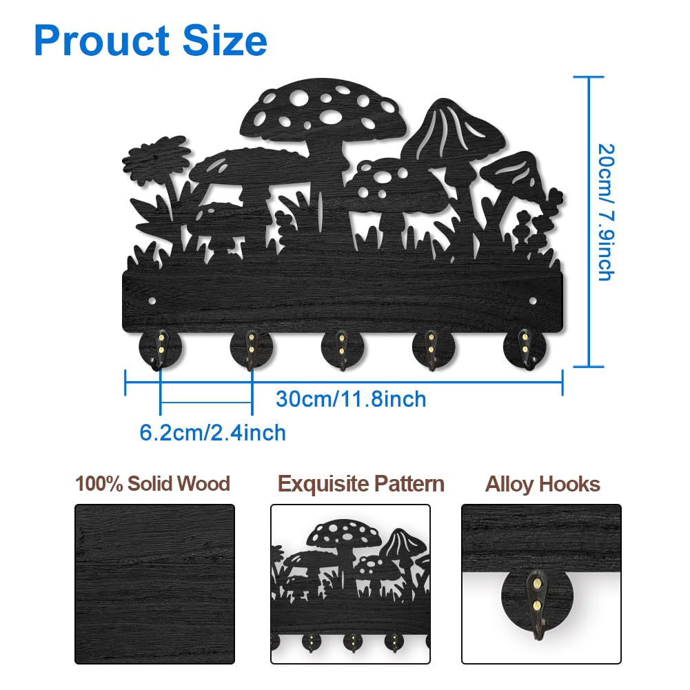 MAYJOYDIY Mushroom Wall Mounted Coat Rack Wildflower Meadow Wood Key Hooks for Wall 11.8×7.9inch Black Key Holder Hanger Wall Art Decor with 5 Alloy Hooks for Gift Hallway Entryway Kitchen