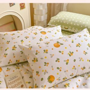 Generic 100% Cotton Duvet Cover and 2pc Pillowcases Twin Queen King Full Size Orange Fruit Print Bed Linen Bedding Home Textile with Zipper Closure and 4 Tiers (King), Green