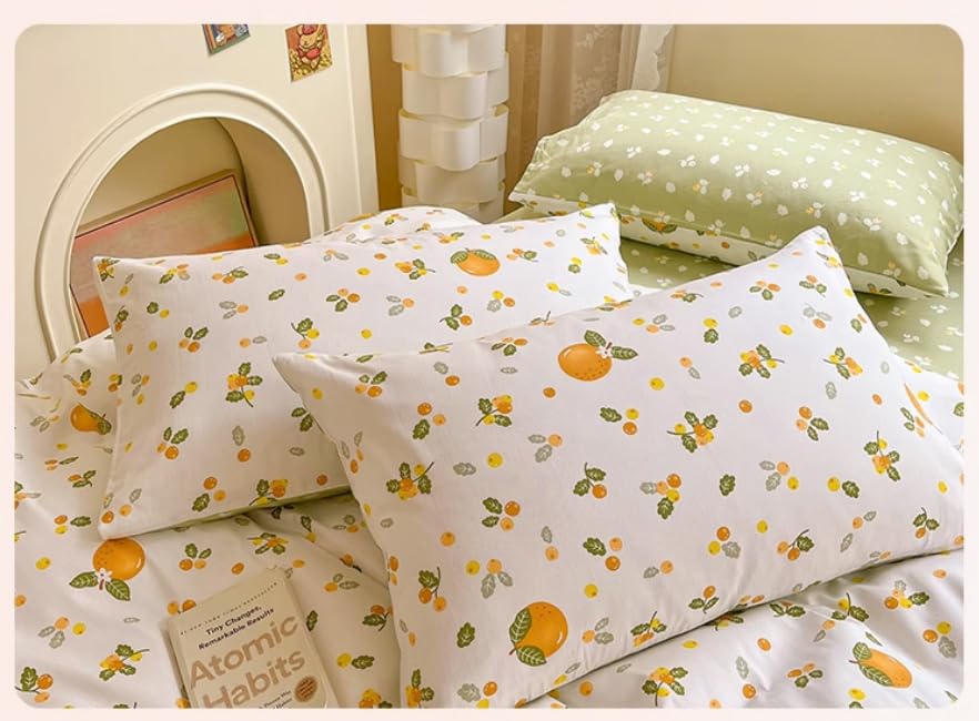 Generic 100% Cotton Duvet Cover and 2pc Pillowcases Twin Queen King Full Size Orange Fruit Print Bed Linen Bedding Home Textile with Zipper Closure and 4 Tiers (King), Green