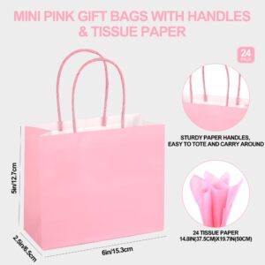 DjinnGlory 24 Pack Mini Tiny Small Pink Paper Gift Bags with Handles 6x5x2.5 Inch and 24 Tissue Paper for Wedding Baby Shower Princess Birthday Party Favors Goodies