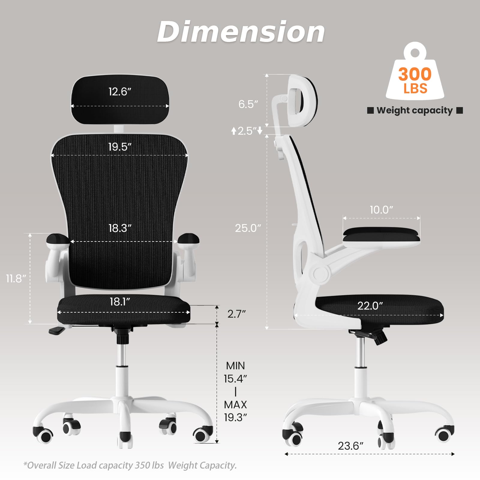 Ergonomic Office Chair, High Back Home Desk Chair with Adjustable Lumbar Support and Headrest, Breathable Mesh Swivel Task Chair, White Executive Computer Chair, Black and White