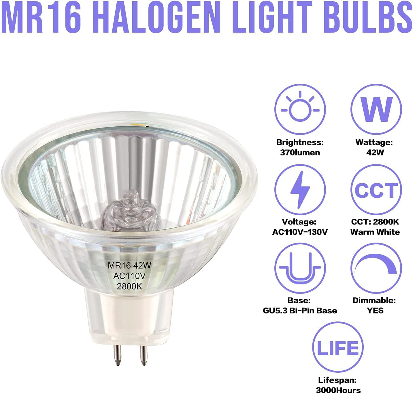 RuLEDne MR16 GU5.3 Halogen Bulbs 42W Dimmable Warm White 2800k, AC 120V GU5.3 Bulb, Non Flicker, 360 Beam Angle, Bright MR16 Halogen Light Bulbs for Home Lighting