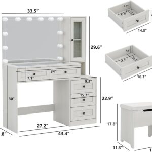 Diwnnue Farmhouse Mirror Large Vanity Desk with LED Bulbs, Makeup Vanity Table Set with Glass Tabletop, Charging Station & Power Outlet, Adjustable Lighting Modes, Bedroom, White