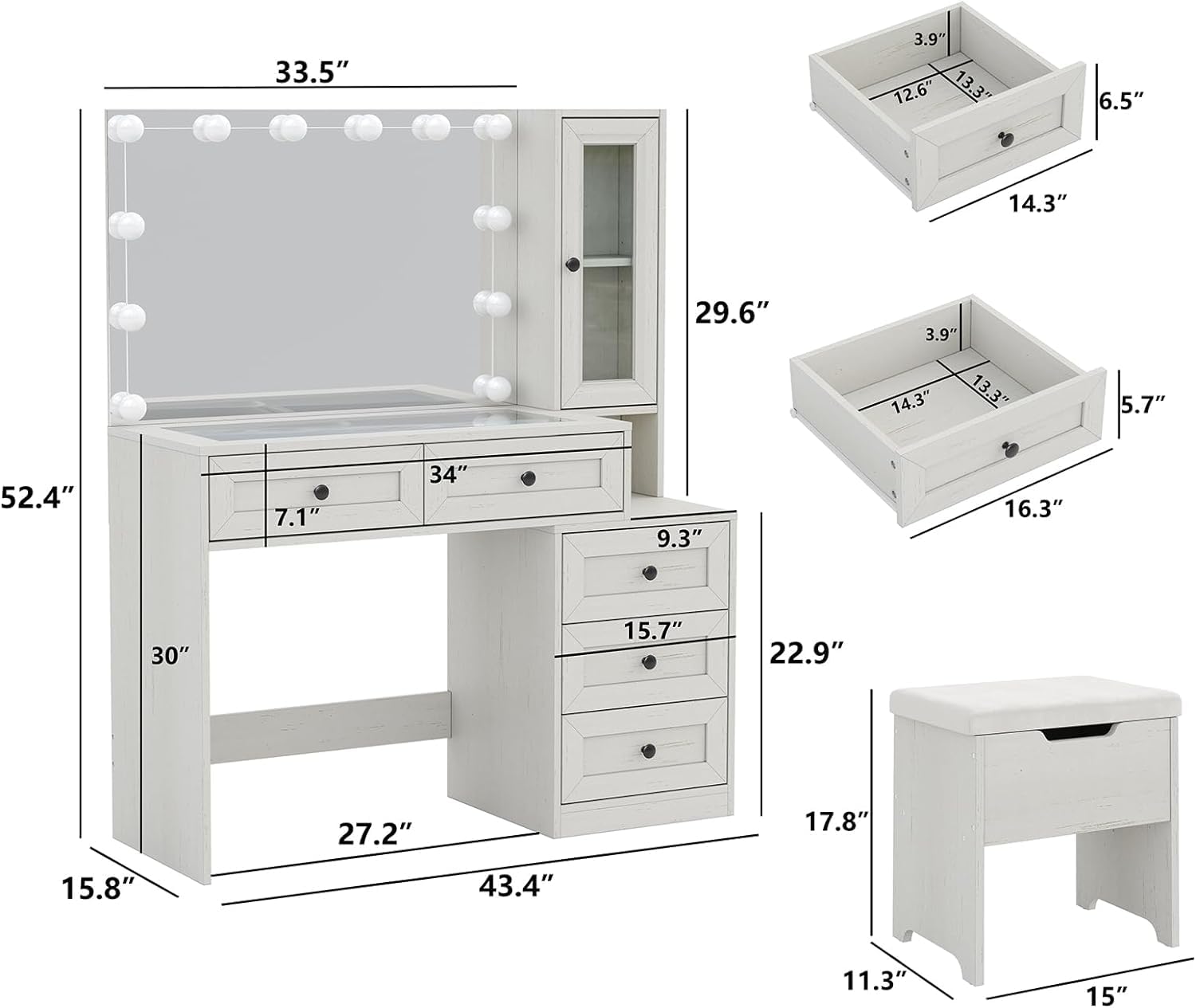 Diwnnue Farmhouse Mirror Large Vanity Desk with LED Bulbs, Makeup Vanity Table Set with Glass Tabletop, Charging Station & Power Outlet, Adjustable Lighting Modes, Bedroom, White