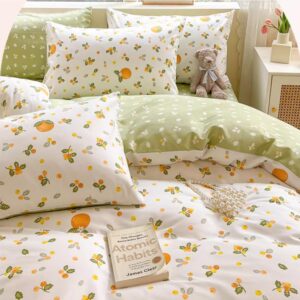 Generic 100% Cotton Duvet Cover and 2pc Pillowcases Twin Queen King Full Size Orange Fruit Print Bed Linen Bedding Home Textile with Zipper Closure and 4 Tiers (King), Green