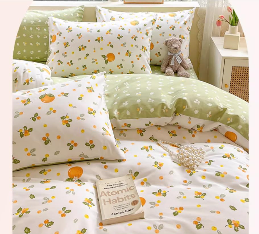 Generic 100% Cotton Duvet Cover and 2pc Pillowcases Twin Queen King Full Size Orange Fruit Print Bed Linen Bedding Home Textile with Zipper Closure and 4 Tiers (King), Green